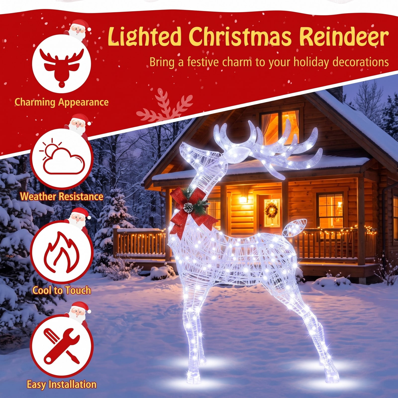 ALPULON Lighted Christmas Reindeer Yard Decoration with Cool White LED Lights, Waterproof Metal Outdoor Holiday Decor with Ground Stakes for Lawn Garden Porch, White