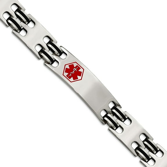 Stainless Steel Polished Fold-over Black Rubber Red Enamel Medical Bracelet 8.25 Inch 12mm Wide Link Bracelet for Women
