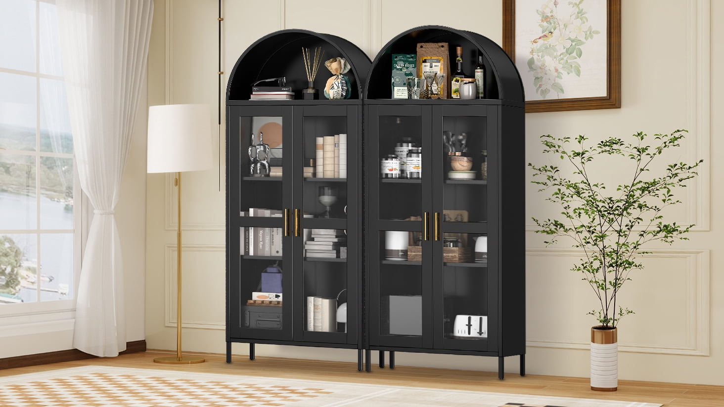 73'' Arched Kitchen Pantry Storage Cabinet with Doors/Shelves, Black Arched Bookcase Display Cabinet for Home Office Bar Living Room, Assemble Require