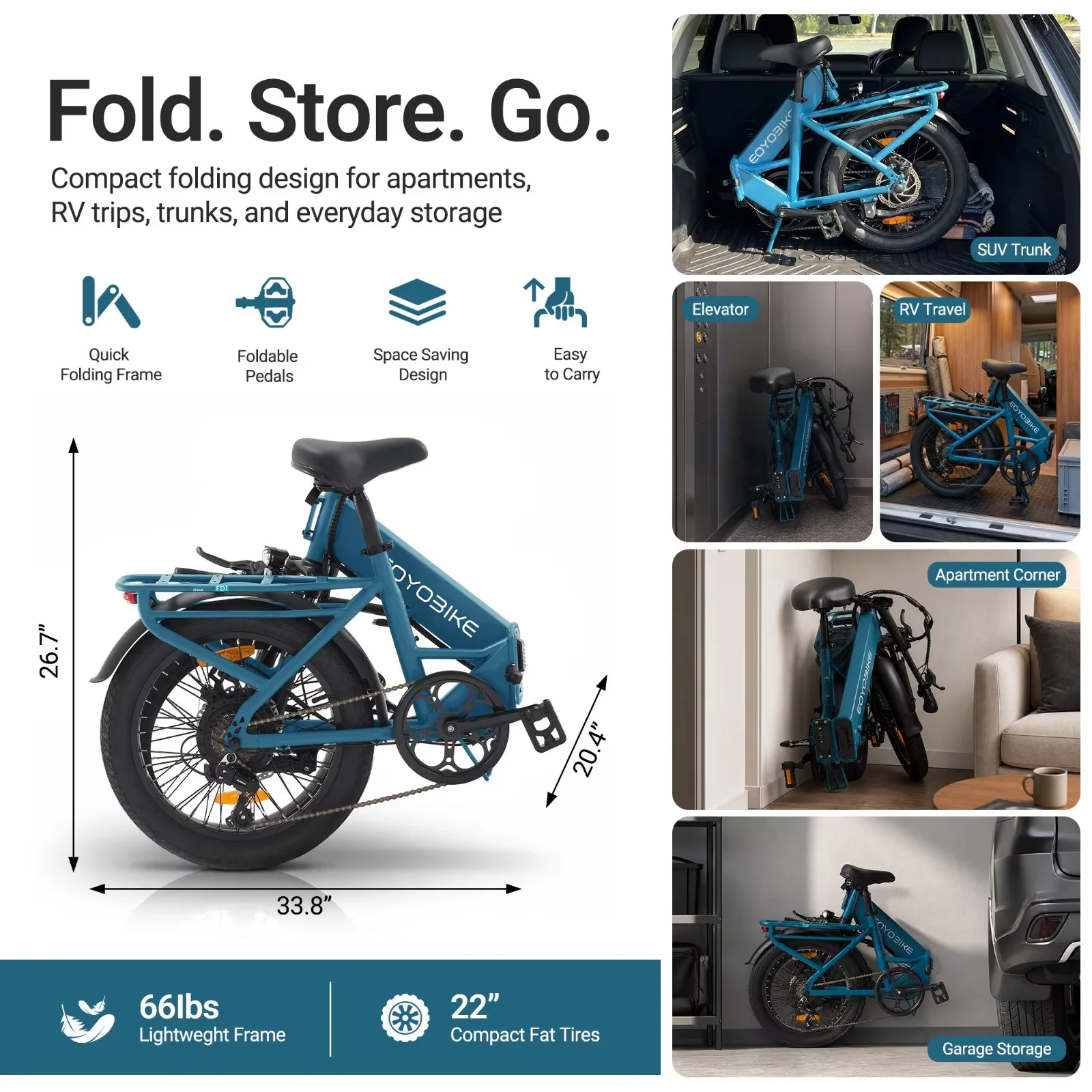 Lilypelle Folding Electric Bicycle for Adults, 20"×3.0 Fat Tire 7 Speed Step-Thru Electric Cargo Bicycle, 500Wh Built-in detachable battery, Peak 1000W Rear Motor，20MPH, Fits for 4'9" to 6'5"