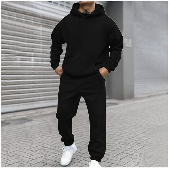 Mens Tracksuit Set Long Sleeve Hooded Sweatshirt and Sweatpants Joggers Set 2 Piece Sweatsuits for Men Hooded Gym Sweatsuits Plain Yoga Pants Outfit Casual Athletic Sets Black XXL
