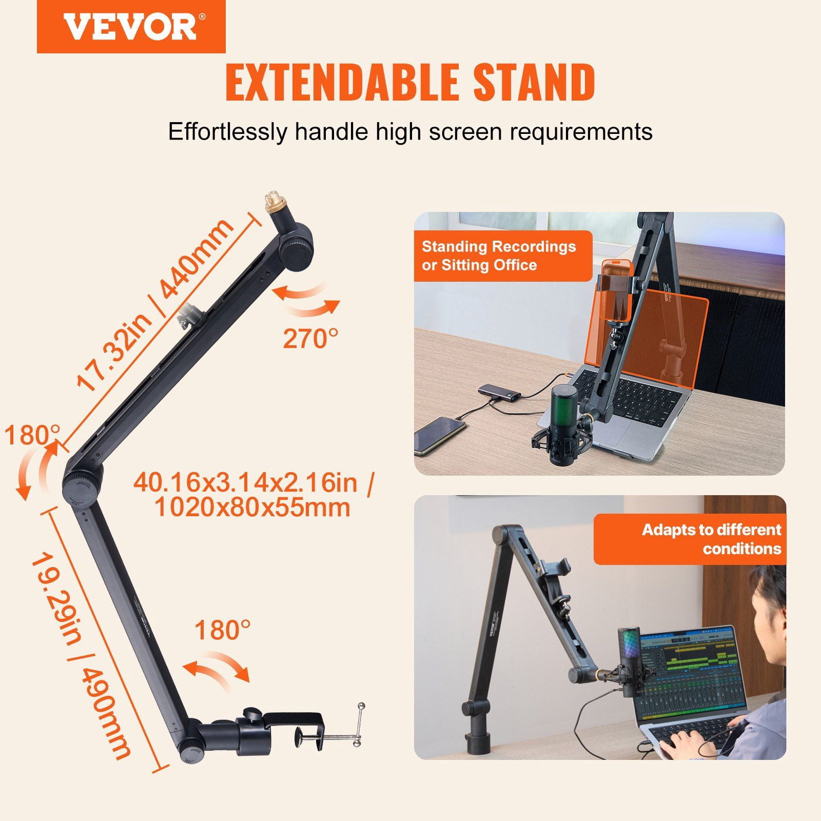 Microphone Boom Arm Desk Mount 360 Degree Rotatable Adjustable Mic Stand with 3/8 to 5/8 Inch Adapter Compatible with Blue Yeti HyperX Quadcast Blue Snowball Shure SM7B Audio Technica