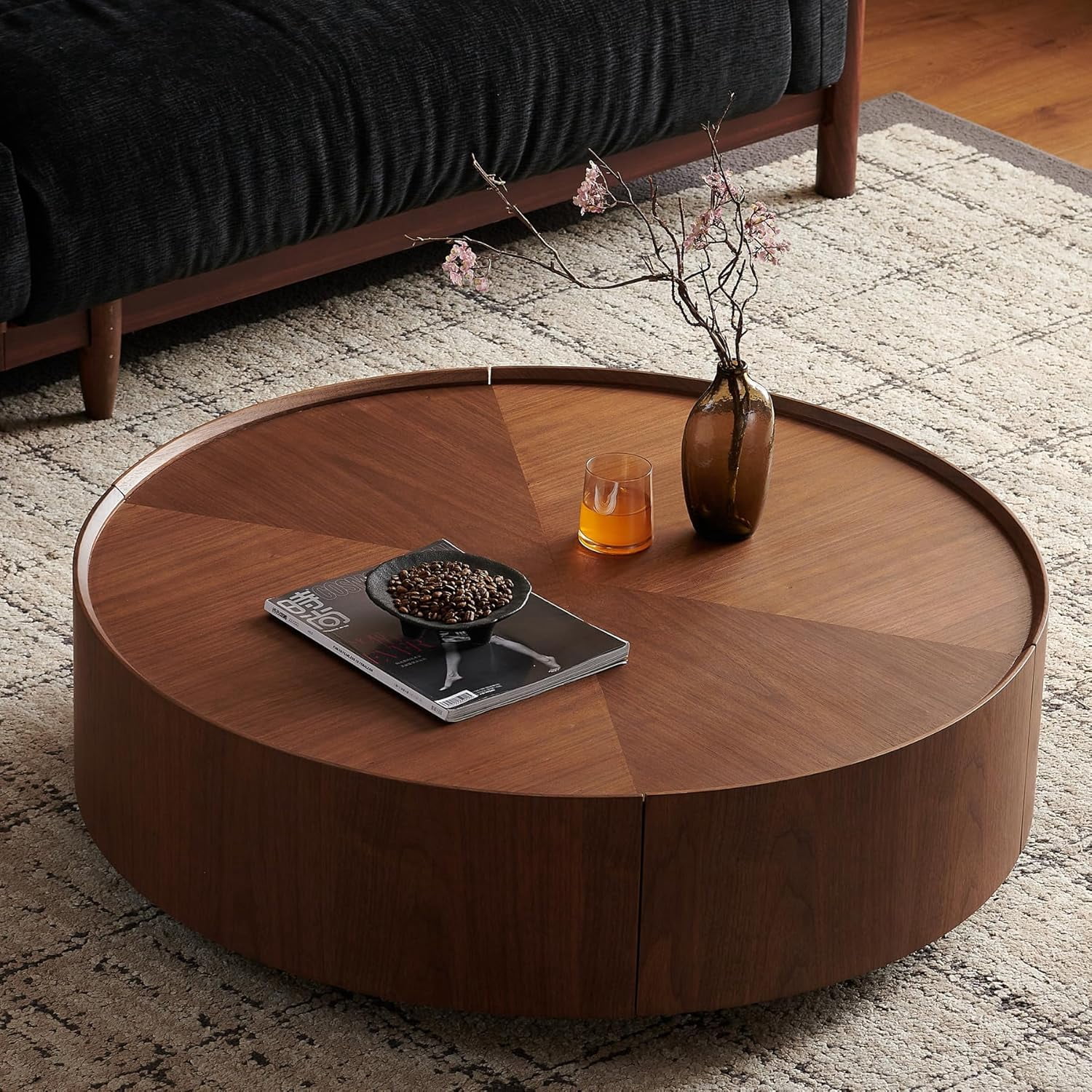 GUCOGUKA 39.3" Round Wood Coffee Table with Storage Drawers, Solid Wood Veneer Mid-Century Modern Fully Assembled for Living Room Office, Walnut