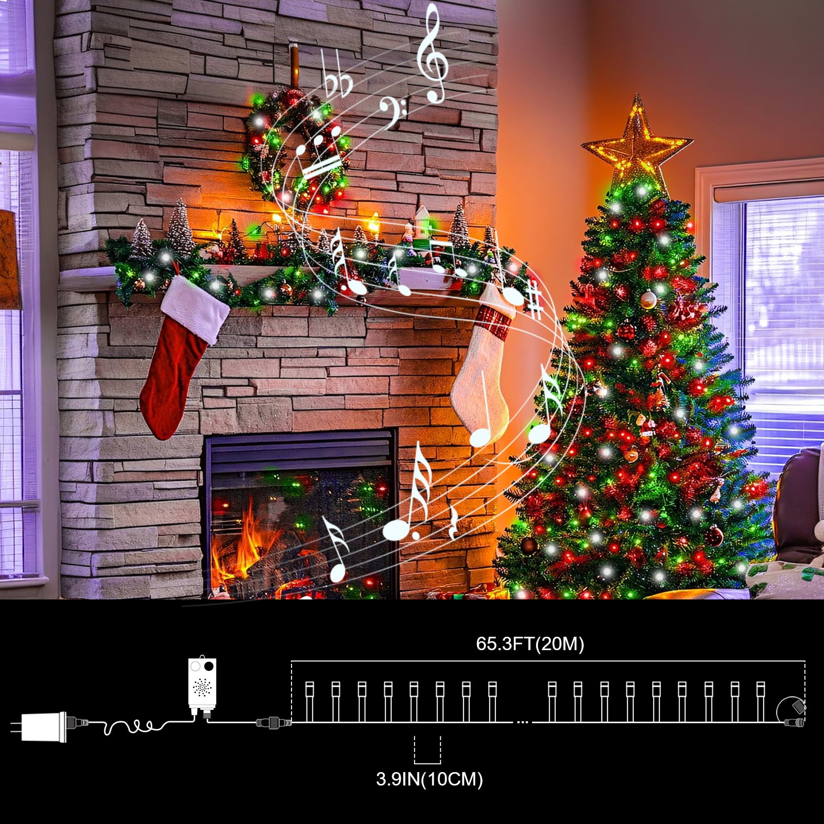 66ft Music Christmas Mini Lights with Motion Sensor Controller,200 LED Fairy Starry String Light Plug in for Indoor Outdoor Xmas Tree Wedding Party Decoration (Red Green White)