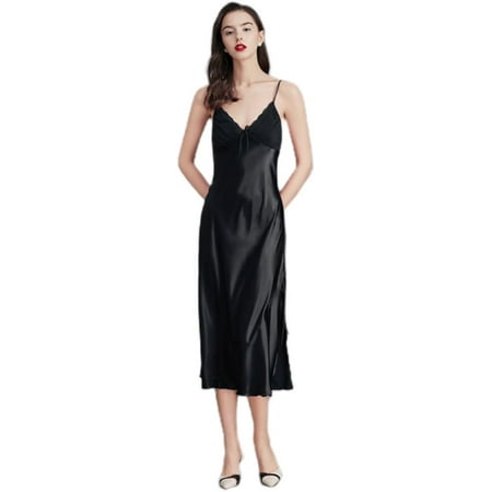QIUYI Women Silk Satin Nightgown Long Sleepdress V Neck Nightgowns Chemise Lingerie for Ladies Sleepwear Negligee M-3XL