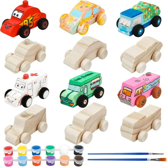 12pcs Unfinished Wooden Cars, Wood DIY Car Toys Wood Crafts Painting Crafts Kit, Easy Woodworking Set Family Activities Arts and Crafts Kit