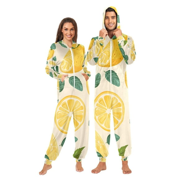Lemon and Mint Leaves Adult Onesie Pajamas Slim Fit Christmas One Piece Suit Pjs for Women and Men Hooded Zipper