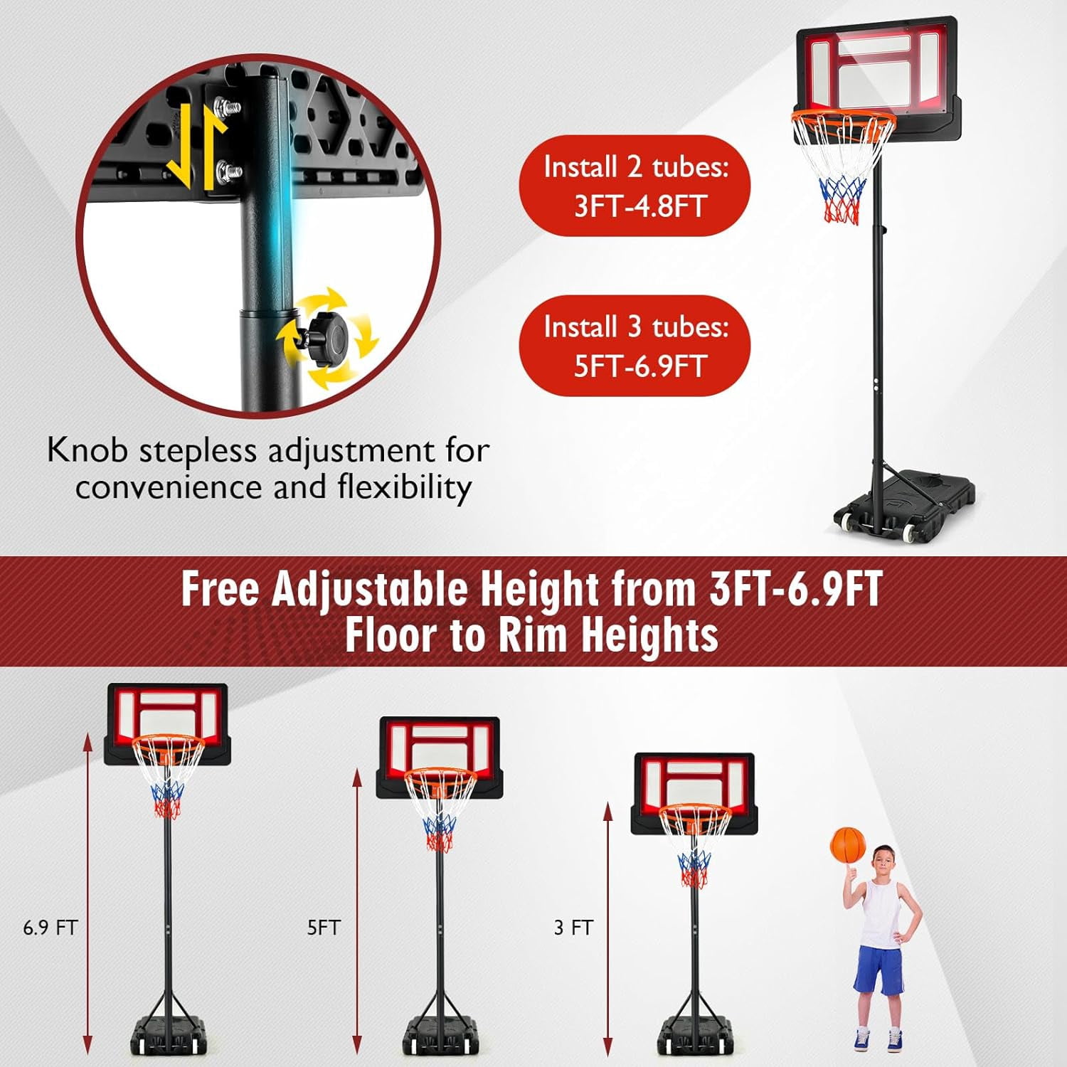 Happyyeah Portable Basketball Hoop, Basketball Goal w/4.3 FT-8.2 FT Adjustable Height, Ball Storage, Indoor Outdoor Weather-Resistance Basketball Hoop System for Outside Backyard, Driveway