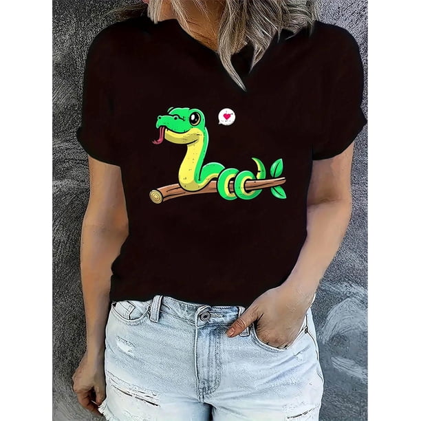 Women'S Casual Crew Neck T-Shirt with Cute Heart Snakes Print, Fashionable Short Sleeve Top, Polyester 95% Spandex 5%, Medium Stretch, All Season Comfort Fit, Animal Pattern Summer Tee