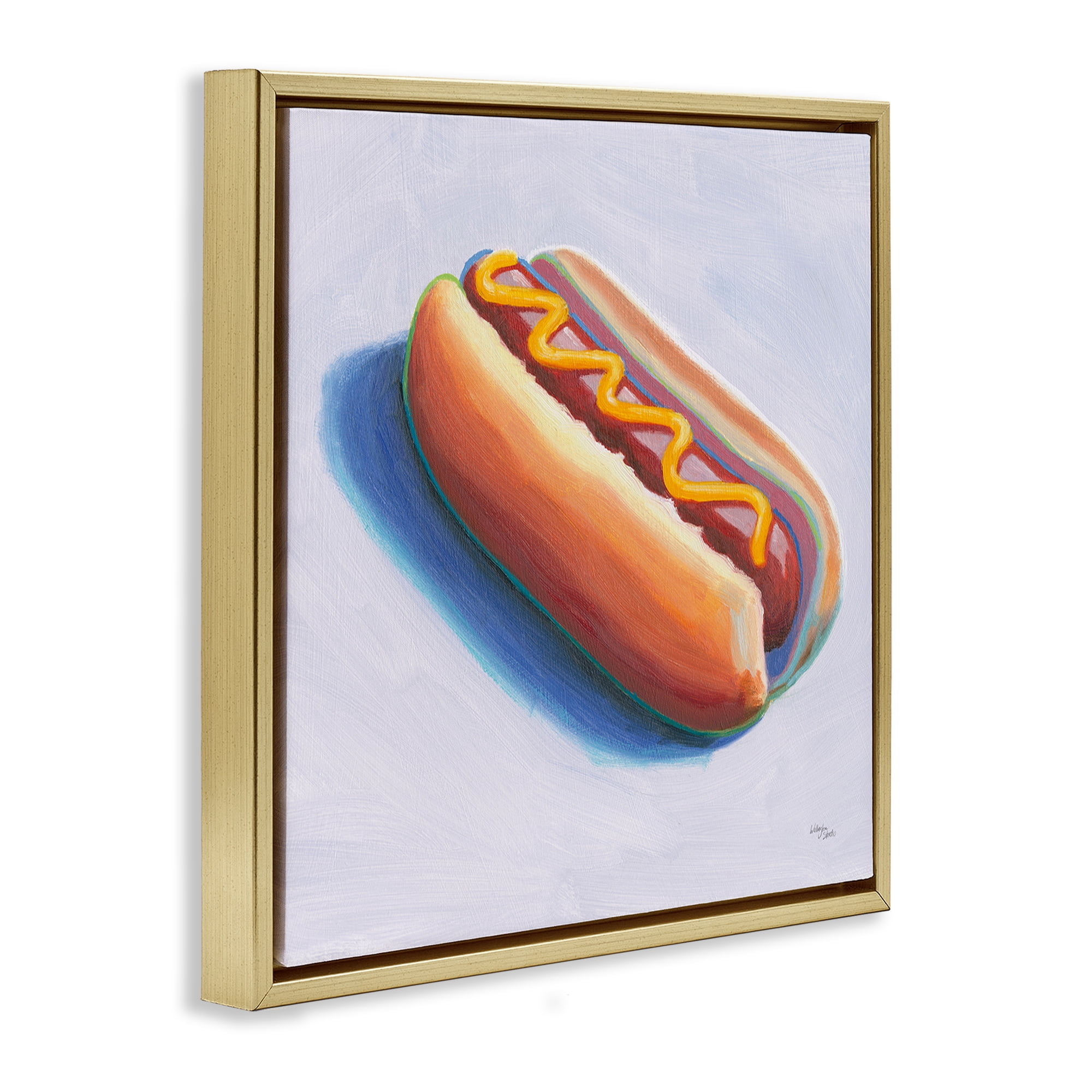 Stupell Industries Hot Dog with Mustard Food & Beverage Painting Gold Floater Framed Canvas Art Print Wall Art, 18 x 18