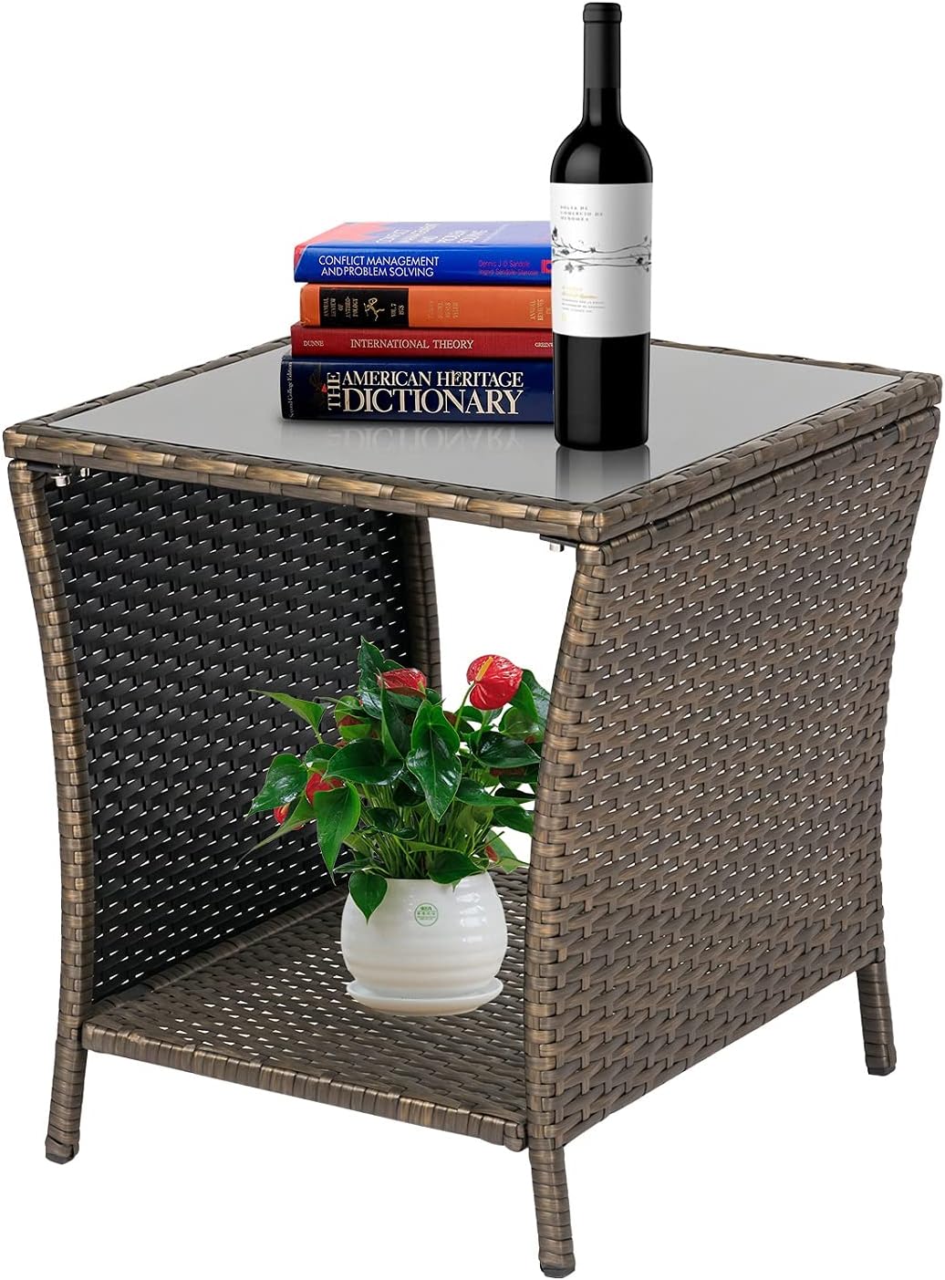 Kinbor Patio Wicker Rattan Side Table Outdoor Square Tempered Glass Top with Storage, Brown - image 2 of 8