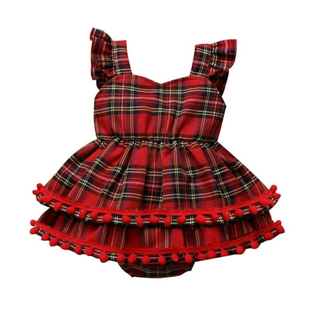 

Toddler Baby Girls Climbing Clothes Sling Climbing Suit Plaid Pattern Small Flying Sleeves Double Layer Hemline For For 9-12 Months