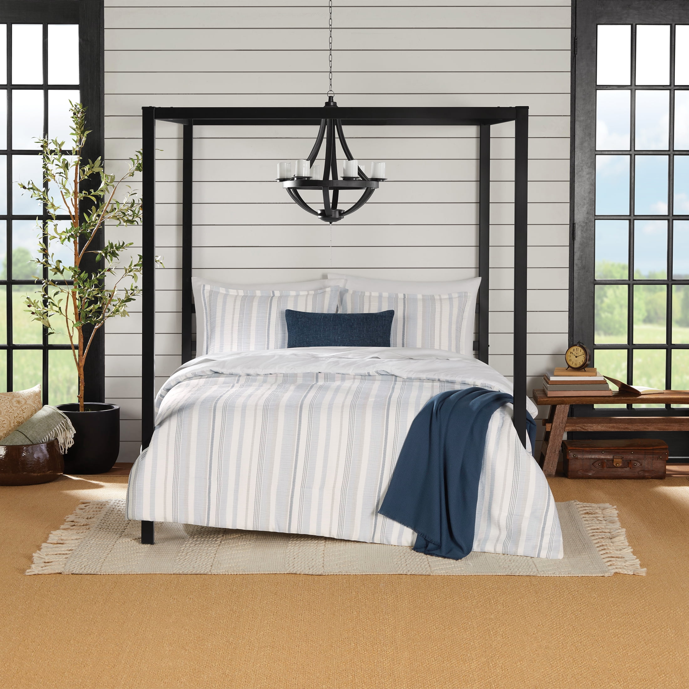Mainstays Full/Queen 5-Piece All-Season Comforter Set, Blue Yarn Dyed Stripe