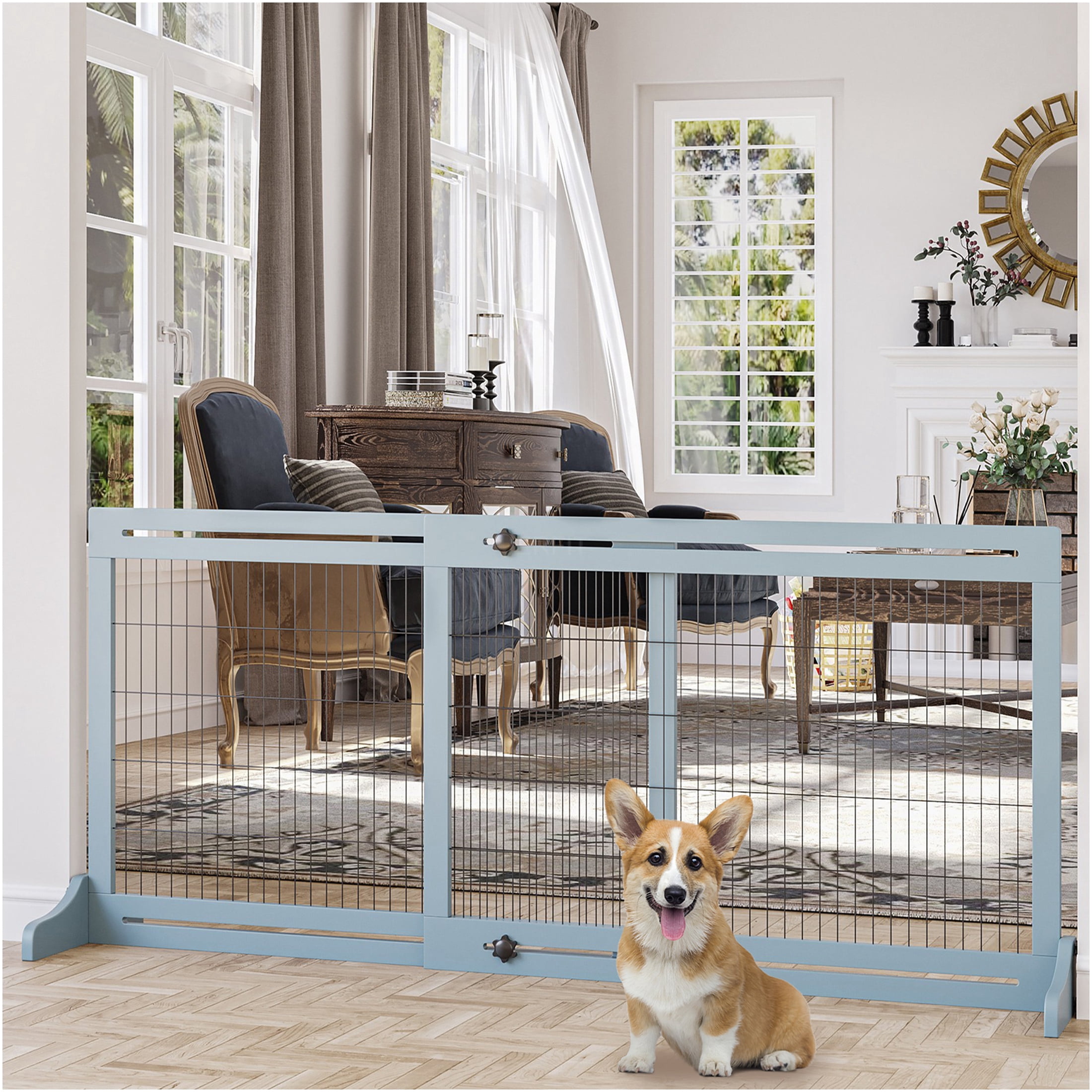 JERFIT 72 Inch Extra Wide Pet Gate for Doorways, Freestanding Dog Gate with Adjustable Width, No Drill Wooden Puppy Fence for Stairs, Hallways, House in Gray