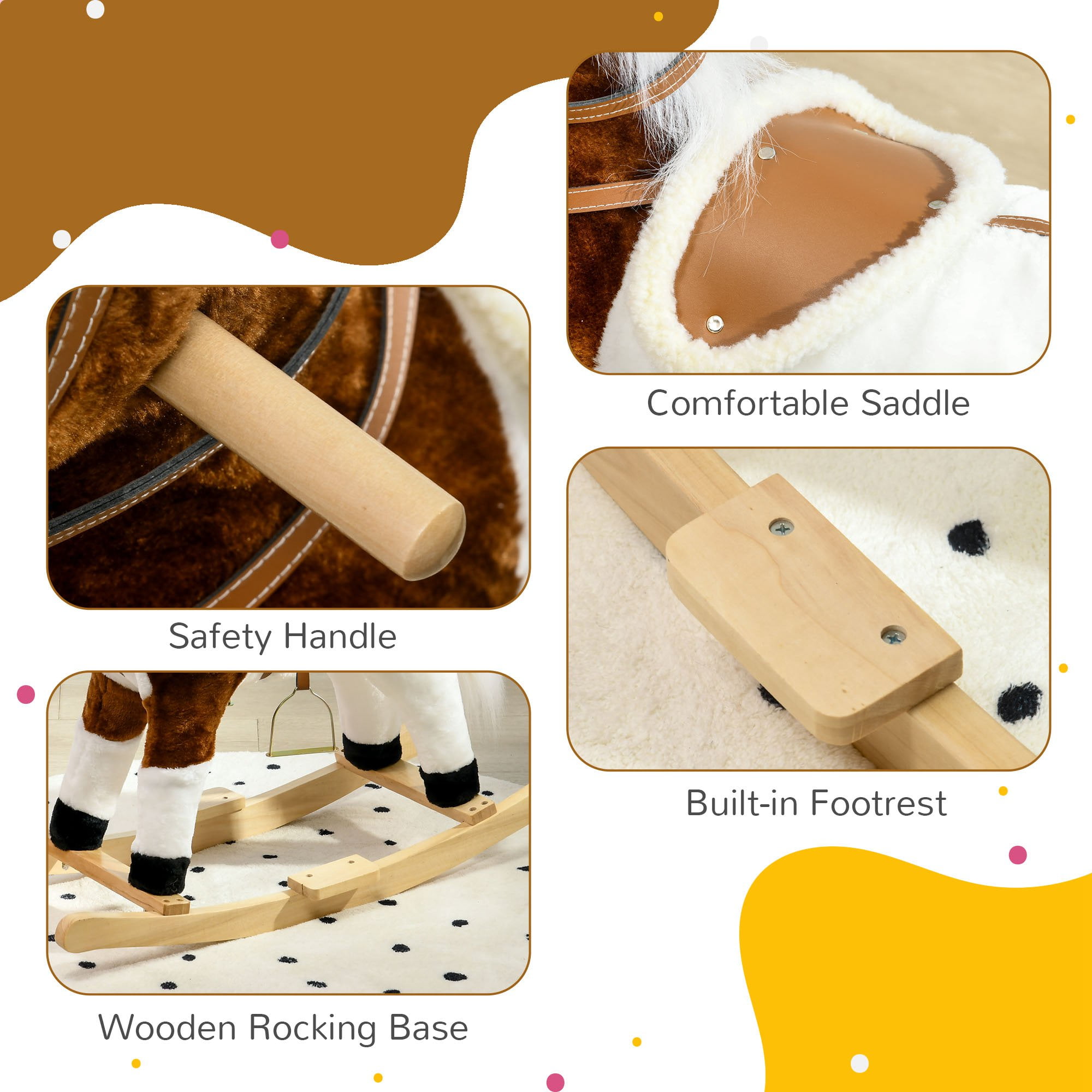 Qaba Rocking Horse with Sound,Ride On Horse with Saddle,Toddler Rocker,Gift for 3-8 Year Old,Brown,Brown Plush Toys Kids Bikes Riding Toys