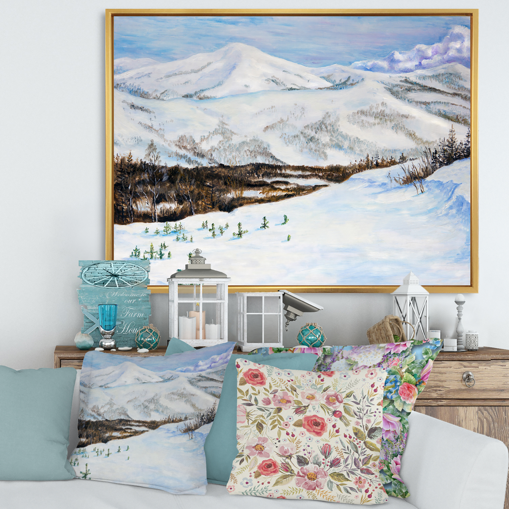 Designart 'Snow-Capped Mountains With Winter Landscape' Traditional Framed Canvas Wall Art Print
