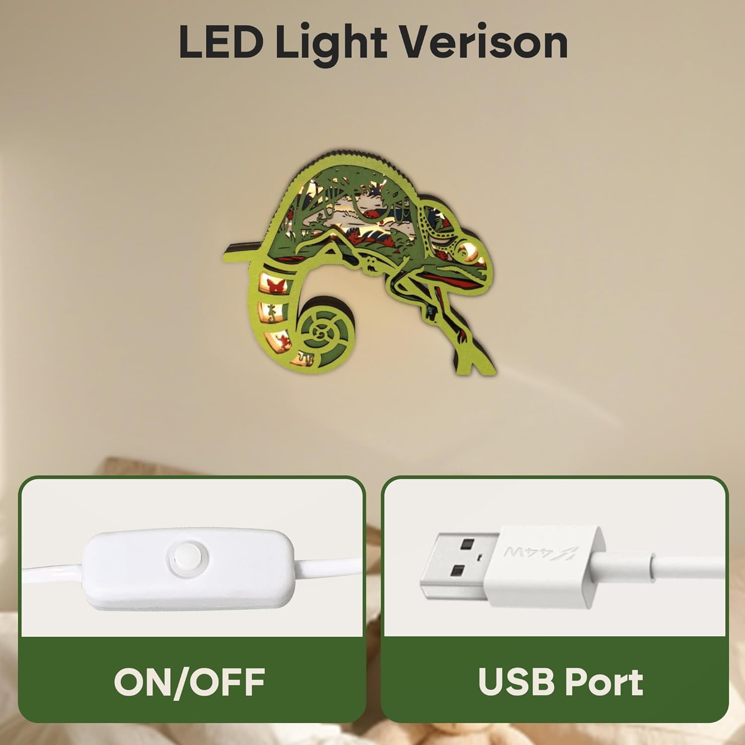 3D Wooden Animals Carving LED Night Light, Chameleon Decor Wood Carved Lamp Cabin Statues Wall Hanging Figurine Forest Sculpture Silhouette Ornament for Living Room Bedroom Office for Birthday Gift