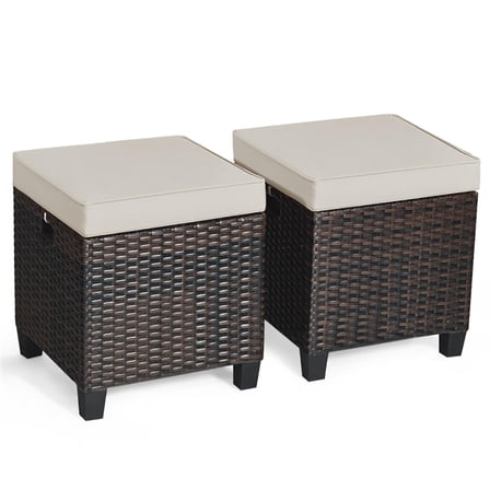 Spaco 2 Pieces Outdoor Patio Rattan Ottoman Set with Removable Cushions for Garden, Balcony, Poolside, Beige