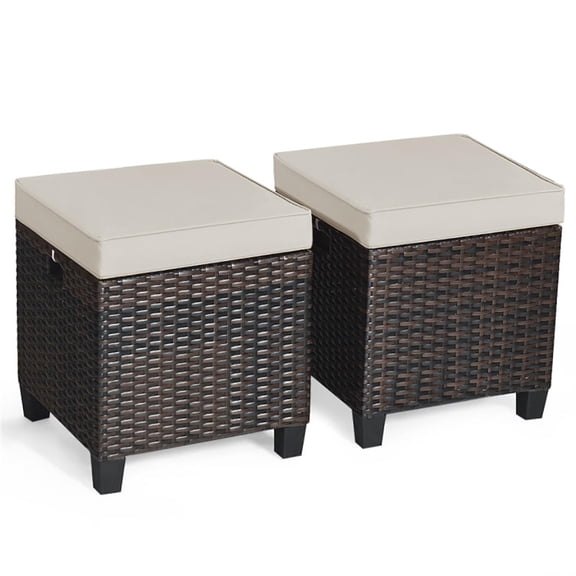 Spaco 2 Pieces Outdoor Patio Rattan Ottoman Set with Removable Cushions for Garden, Balcony, Poolside, Beige