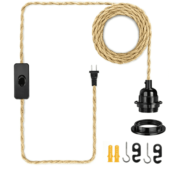 Extension Hanging Lantern, Plug-in Pendant Light with Hemp Cord - 15ft, E26/E27 Compatible Vintage Fabric Lamp - Ideal for Rustic and Boho Style Decor