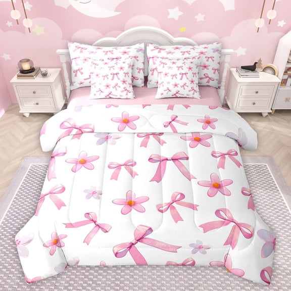 Castle Fairy Cartoon Bow Knot Twin Bedding Sets 7-Piece for Preppy Child,Groovy Flowers Bedding Comforter Set Microfiber,Pink White Breathable Sheet Sets,Super Cozy Room Decor,Reversible