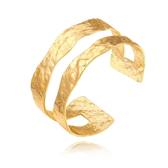 18K Gold Plated Wide Chunky Crumpled Textured Split Cuff Bangle Bracelet for Women Minimalist Hammered 2-Row Open Bracelet Adjustable Wrist Jewelry