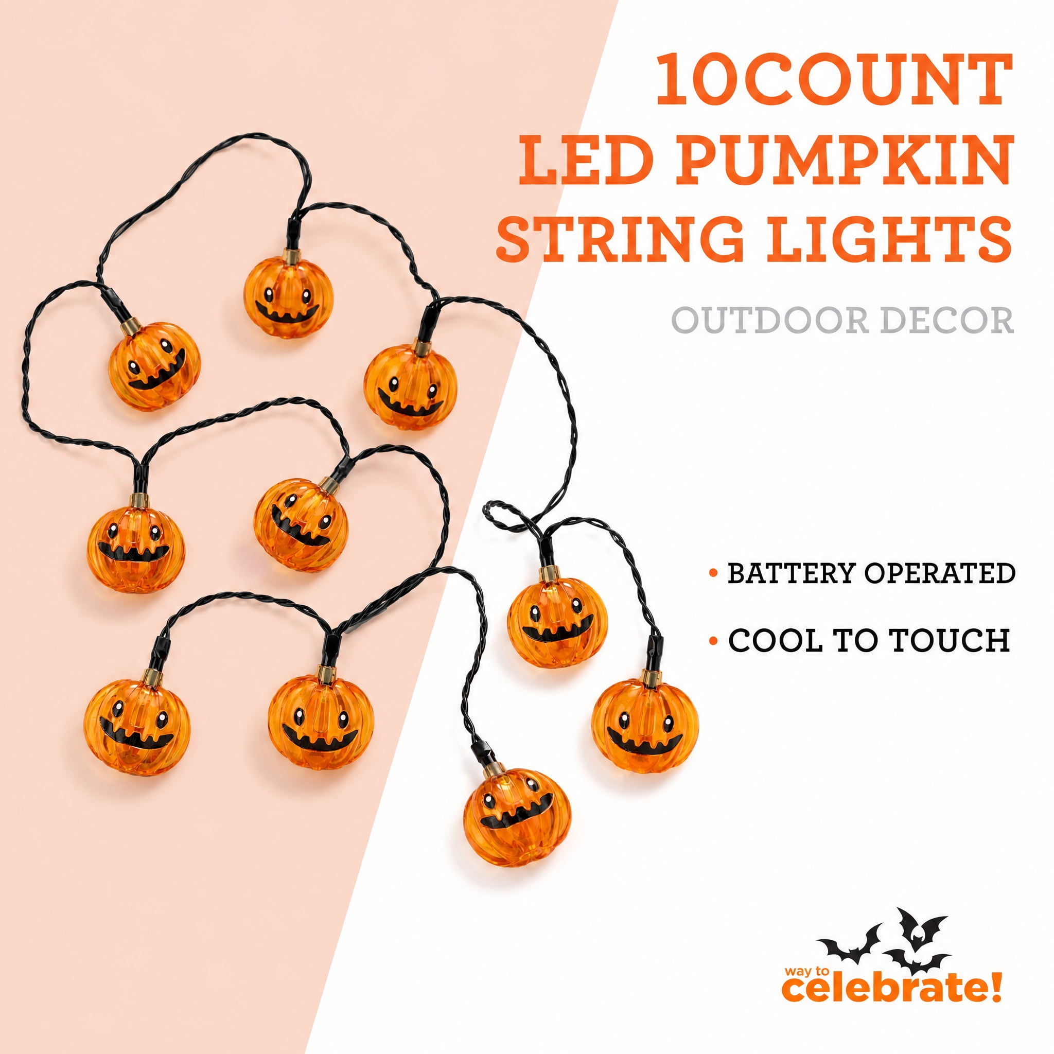 Indoor 10-Count Battery-Operated LED Pumpkin String Lights, Orange, 3', Halloween by Way To Celebrate