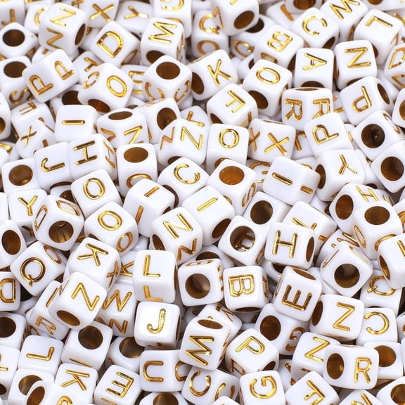 TUWAFE Acrylic Letter Beads Alphabet Gold Letters White Cube Bead,6×6Mm 100Pcs,Friendship Bracelets Letters Beads Jewelry Making Bulk Letter Beads for Bracelets