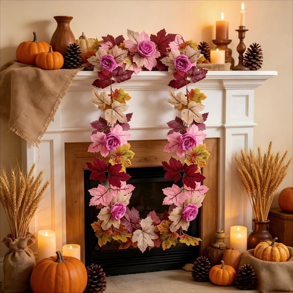 Gqtwoy Fall Garland For Mantle, Artificial Maple Leaves, Thanksgiving Decor, Halloween Party Decoration, Hanging Vines for Home, Seasonal Foliage for Autumn Decor