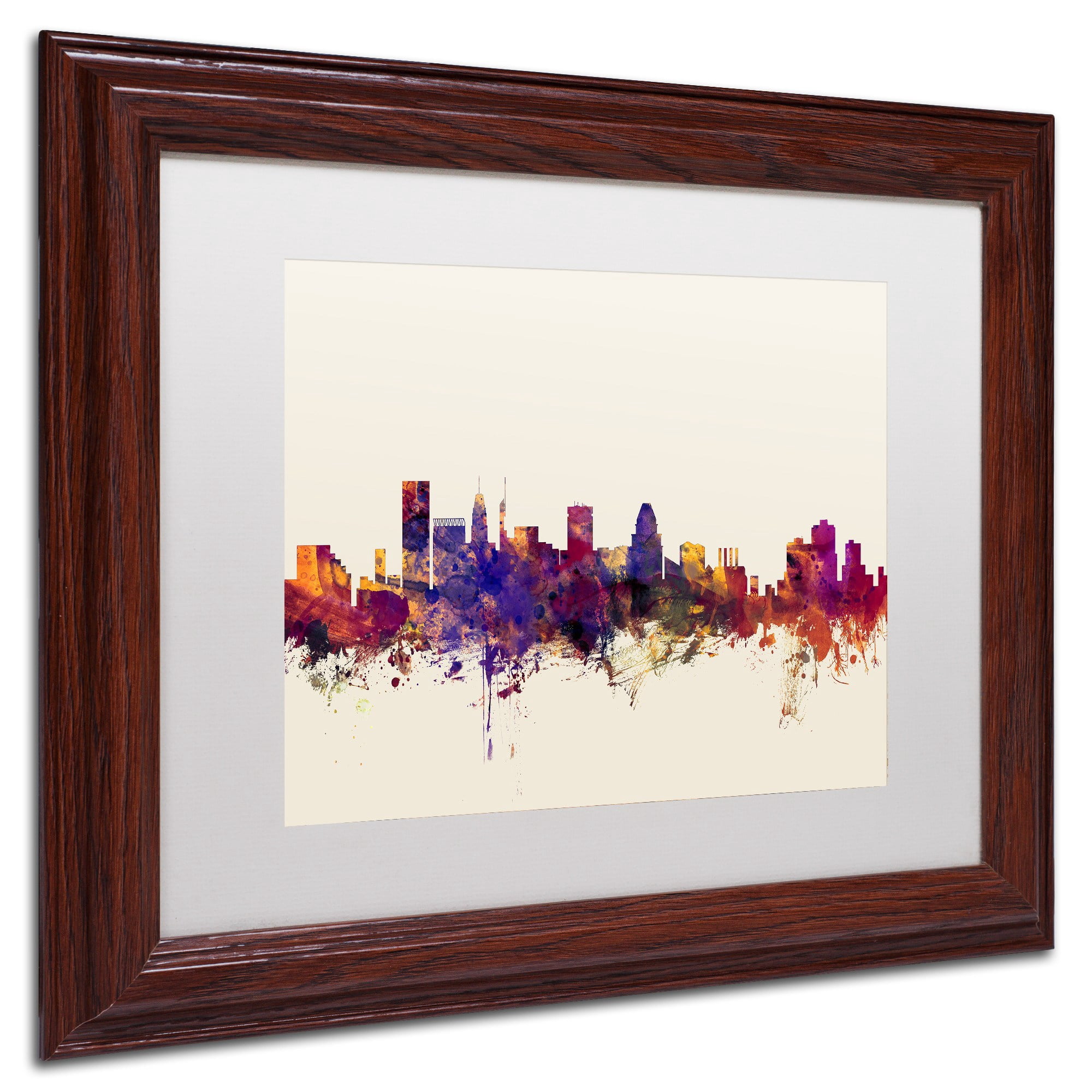 Trademark Fine Art "Baltimore Maryland Skyline" Canvas Art by Michael Tompsett, White Matte, Wood Frame