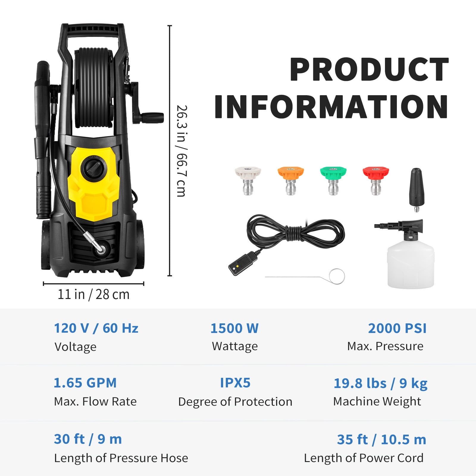 BENTISM Electric Pressure Washer, 2000 PSI, Max. 1.65 GPM Power Washer with 30 ft Hose & Reel, 5 Quick Connect Nozzles, Foam Cannon, Portable to Clean Patios, Cars, Fences, Driveways, ETL Listed