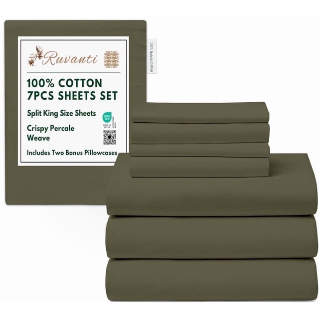 RUVANTI 7 Pcs Cotton Sheets - 100% Natural Cotton Soft, Lightweight & Breathable Crispy Percale Bed Sheets, Split King Sheets for Adjustable Bed 16" Deep Pockets, Winter Moss