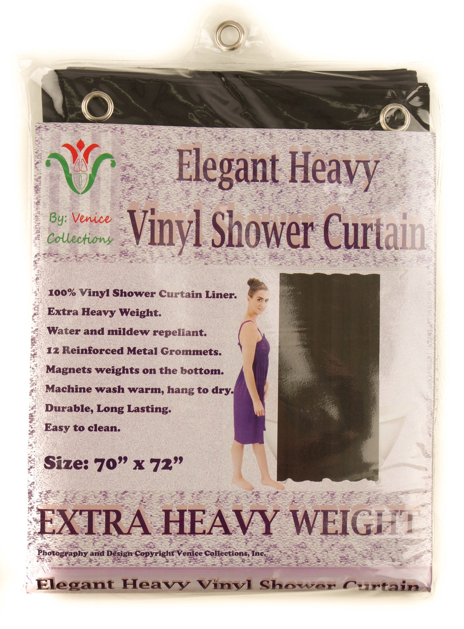 Venice Elegant Home Heavy Duty Vinyl Shower Curtain Liner With 12 Metal Grommets 2-Pack Black