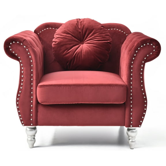 Hollywood Burgundy Chesterfield Tufted Velvet Accent Chair with Round Throw Pillow
