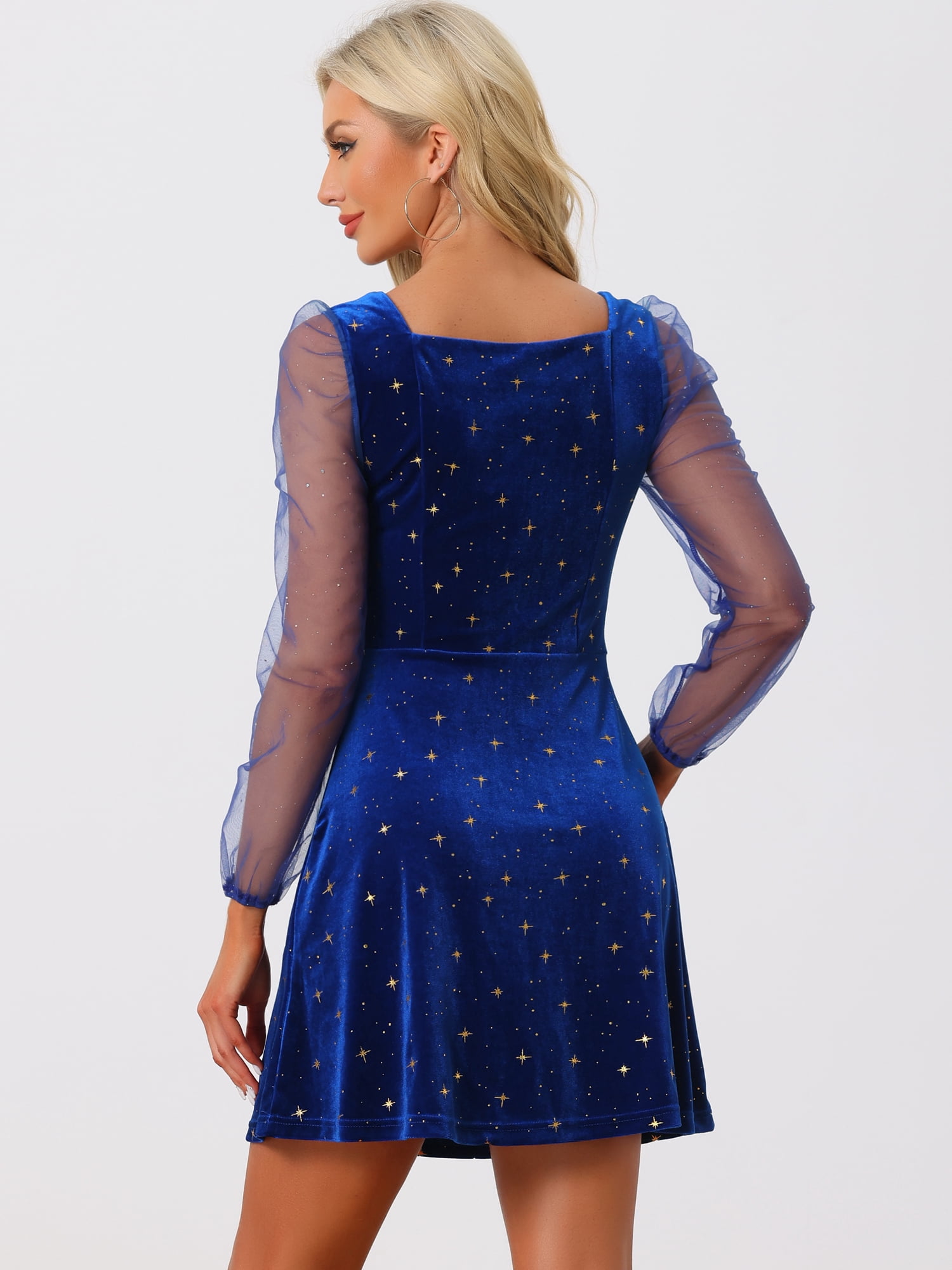 DARING DIVA Square Neck Mesh Sheer Sleeve Glitter Star Velvet Mini Dress XS Royal Blue