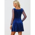 thumbnail image 3 of DARING DIVA Square Neck Mesh Sheer Sleeve Glitter Star Velvet Mini Dress XS Royal Blue, 3 of 6