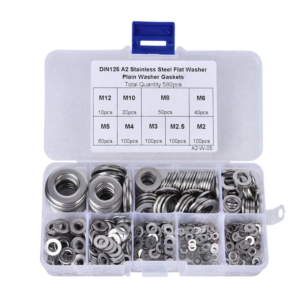 580PCS Stainless Steel Flat Washer Assortmen Industrial and Construction Fasteners Round Plain Washer Screw Nut Flat Sealing Gasket,for Fixing Component 