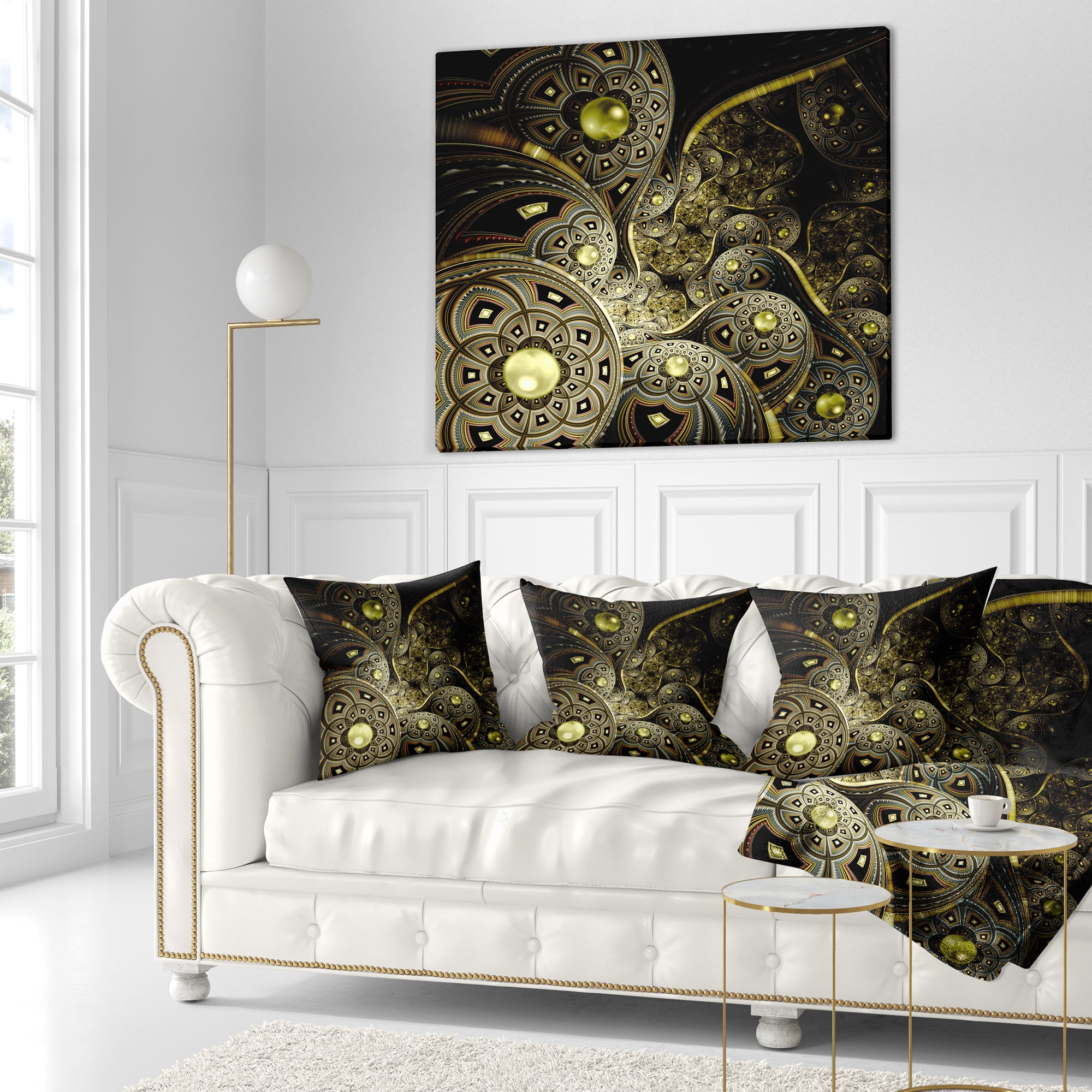 Designart Symmetrical Gold Fractal Flower - Floral Throw Pillow - 16x16