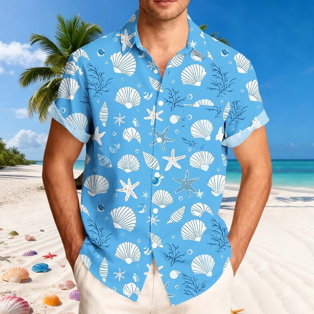 Blusa y camisa de manga corta con cuello vuelto para hombre, blusa informal de moda con cuello vuelto, blusa estampada de manga corta con botones, blusa de poliéster para hombre
