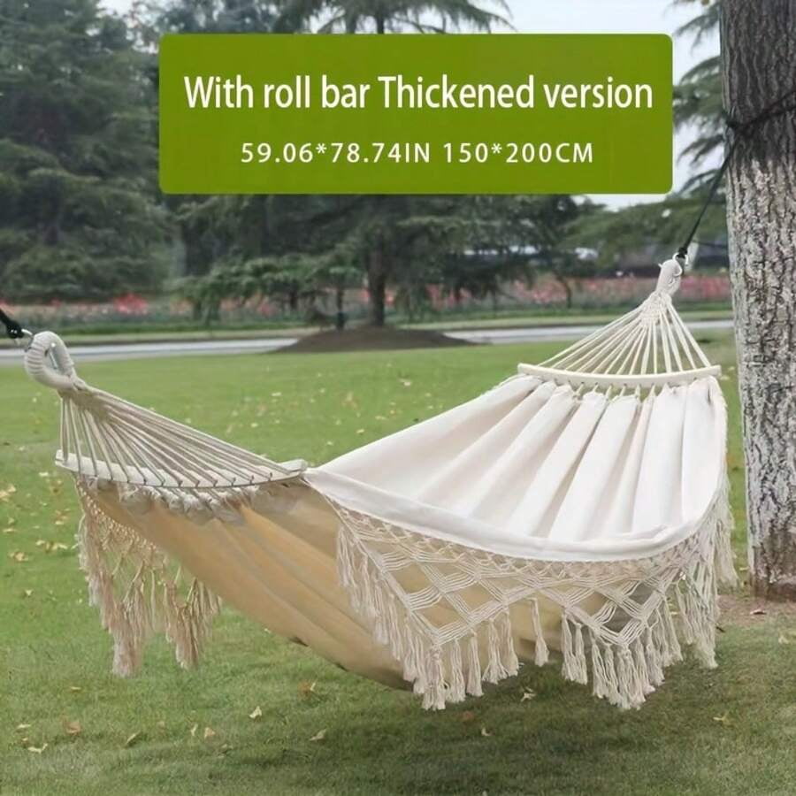 Portable Swing Hammock Made Of Hand- Rope. Thickened And Widened Double Canvas Hammock With Anti-Slip Design, White Bohemian Tassels. Ideal For Outdoor Patios And Camping