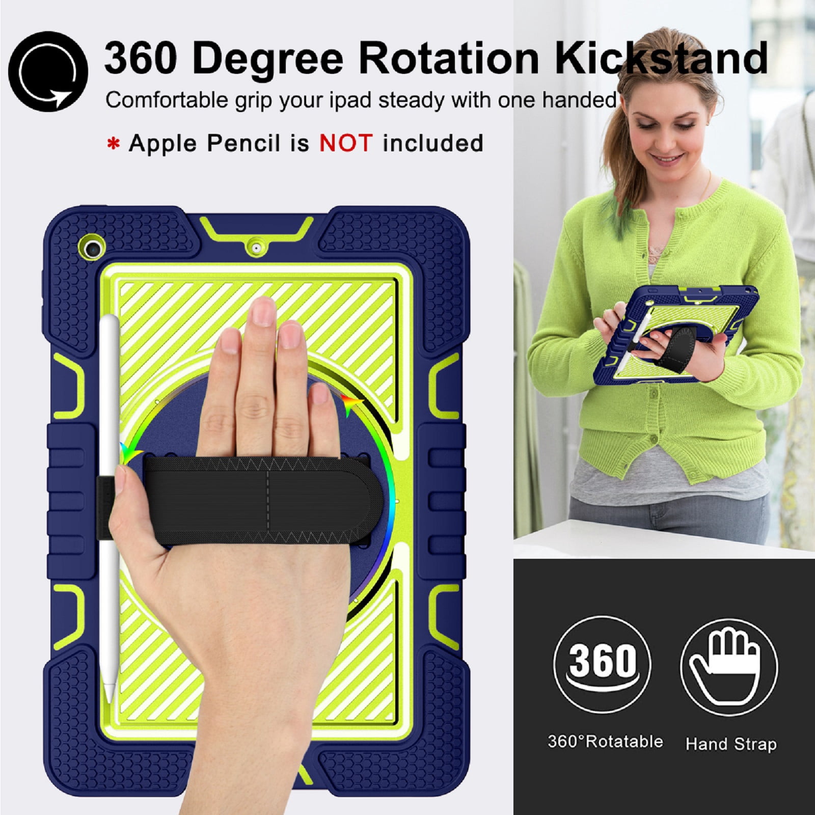 ELEHOLD Rugged Case For Apple iPad 11th(A16) 2025 Three-Layer Hybrid Muti-Functional Case with 360° Rotating Kickstand Pencil Holder Handstrap Shoulder Strap Shockproof Case ,A