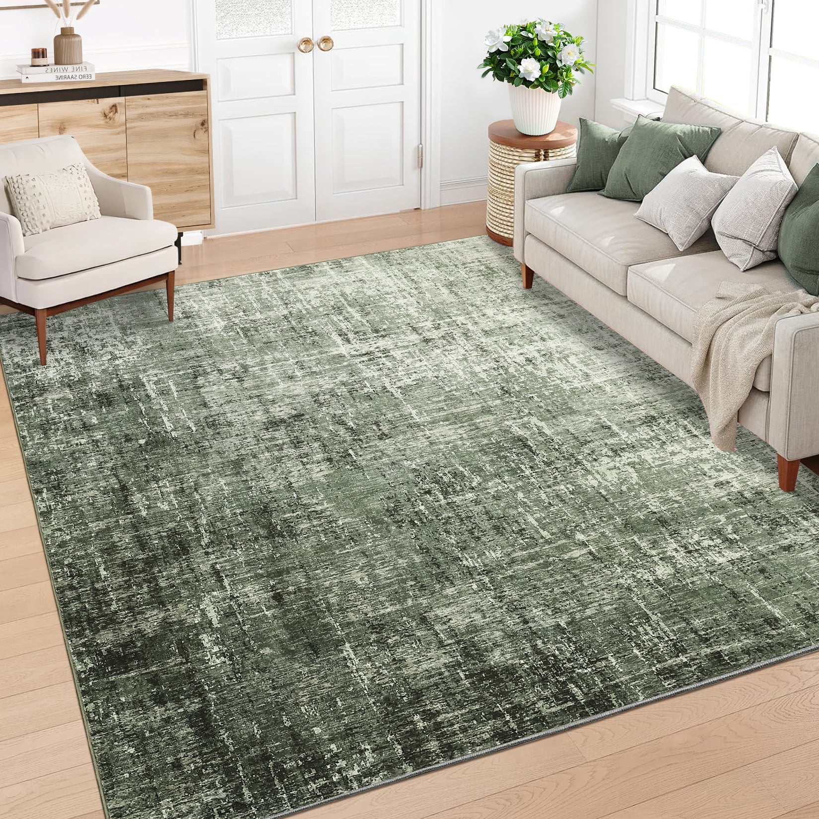 FairOnly 9'x12'Modern Abstract Gradient Color Area Rug Machine Washable Ultra Thin Low Pile Non Slip Carpet for Living Room Dining Room Bathroom,Grey Green
