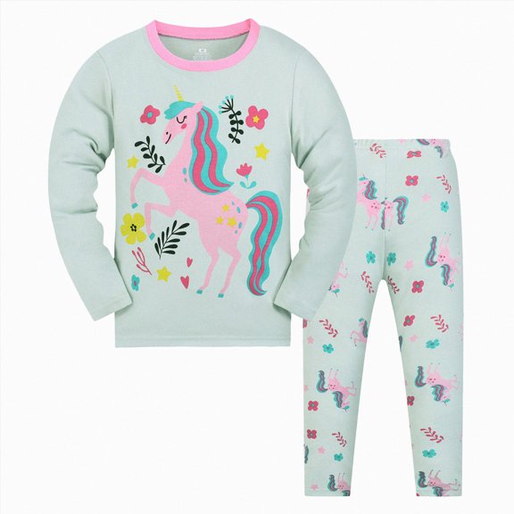 NLOMOCT Girls Pajama Set Matching Baby and Toddler Outfits Girls Cartoon Prints Cotton Pullover Top Pant Set Sleep and Play Toddler Pajamas Cotton,Green,1-2 Years