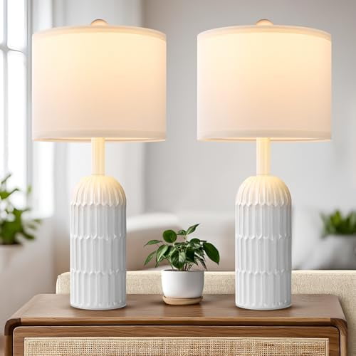 22.5" White Modern Table Lamps Set of 2 for Living Room Bedroom, Farmhouse Vintage Bedside Table Lamps with White Linen Shade, Rustic Bedroom Table Lamp for Nightstand Home Office End Table Dorm