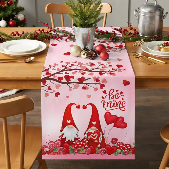 Table Runner 90 Inches Long - Valentine's Day Gnome Flower Decorative Table Scarf, Farmhouse Red Love Heart Tree Dining Table Runners for Wedding Party Kitchen Dining Tables