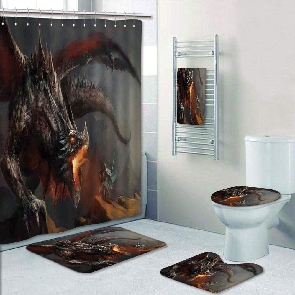 Ancient Mythical Dragon Shower Curtain Toilet Cover Rug Mat Contour Rug Set 
