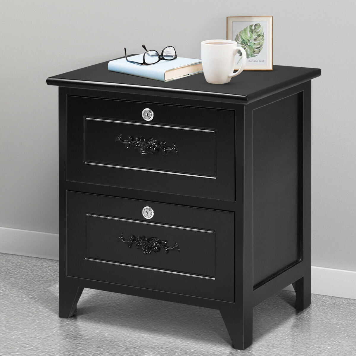 Solid Wood Elegant Nightstand W/2 Locking Drawer End Table Bedside