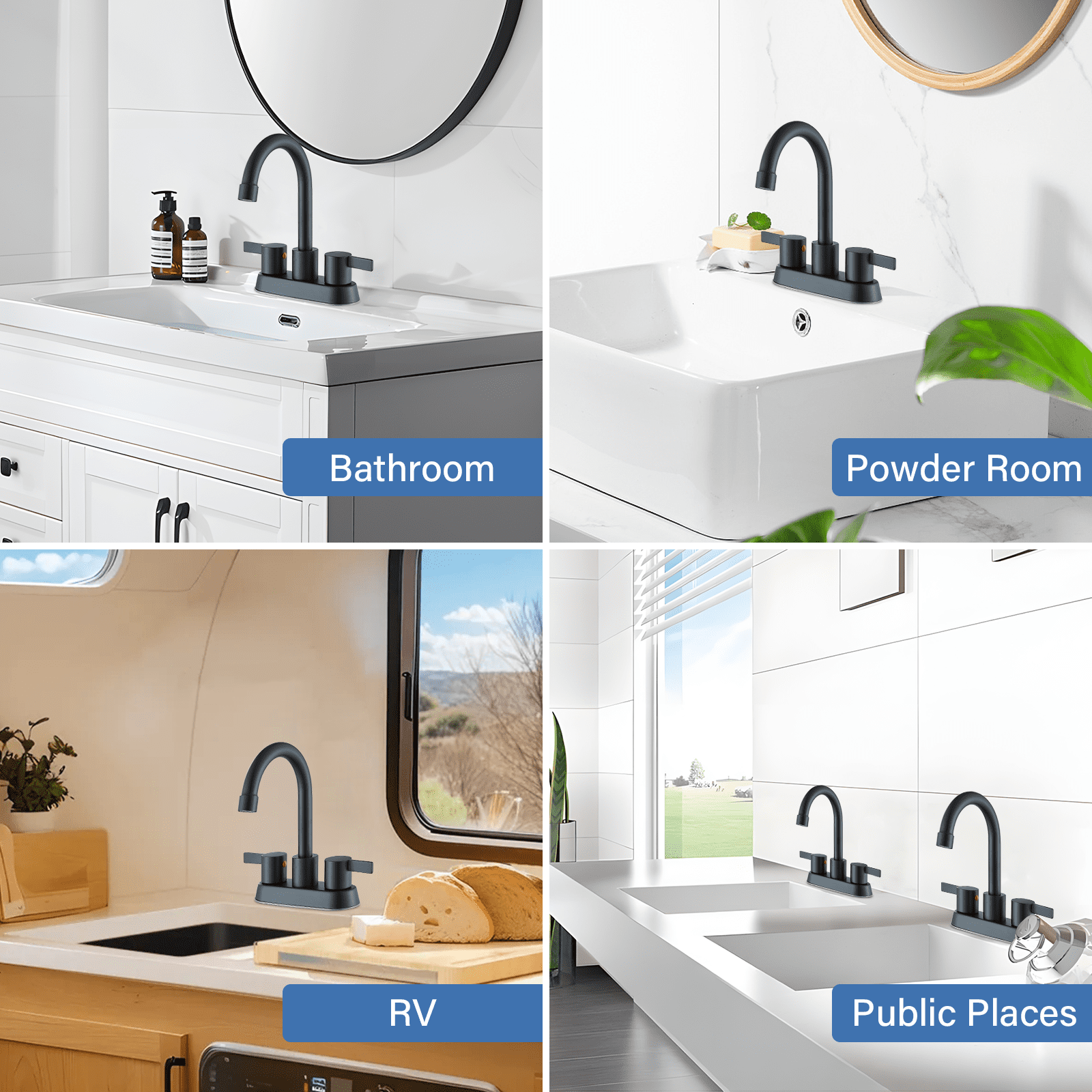 Zovajonia 4 Inch 2 Handle Centerset Matte Black Lead-Free Modern Bathroom Faucet , 360 Swivel Spout 2-3 Hole RV Bathroom Vanity Sink Faucet with Pop Up Drain and Water Supply Lines