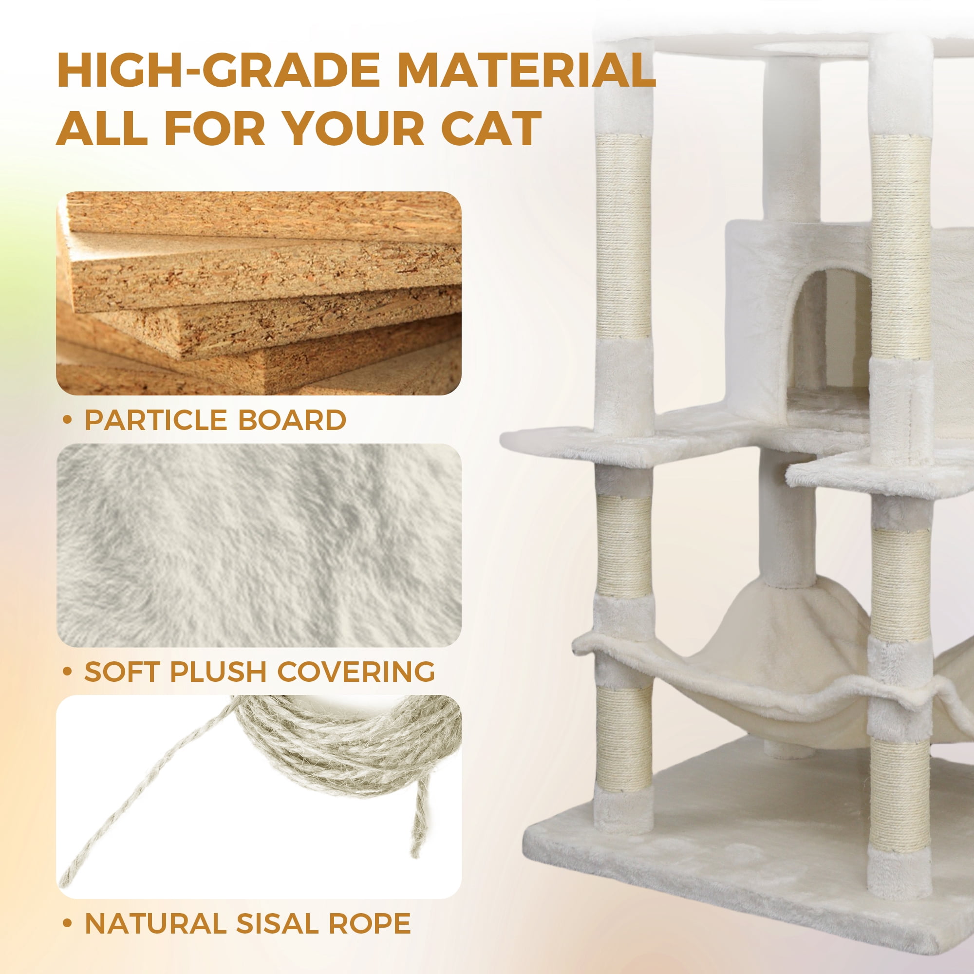 78-Inch Beige Cat Tree Tower with Large Condo, Sisal Scratching Posts, Big Hammock, and Perch Platform for Indoor Cats, Beige