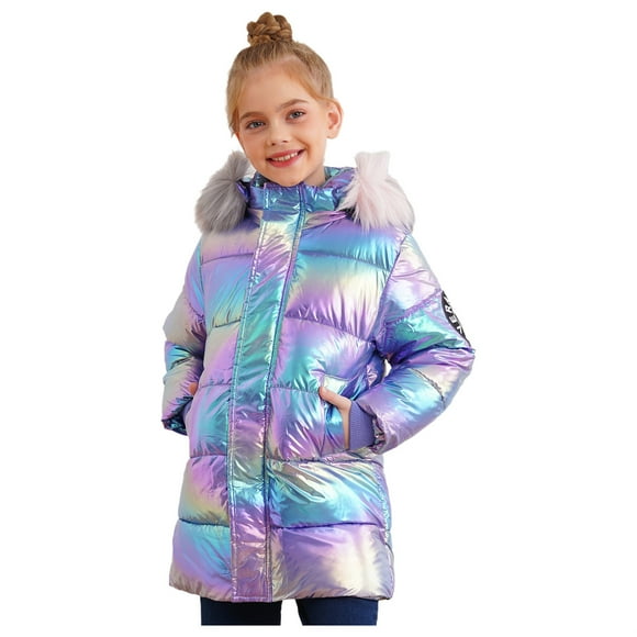 Rswnyirn Manteau Long à Capuche Métallique pour Filles, Chaud, Décontracté, avec Poches, Violet 160/12-13 Ans